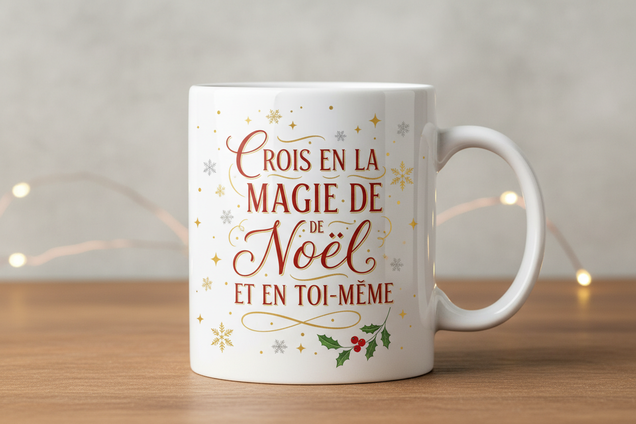 mug blanc personnalisé abe une phrase impressionnante et motivante à l'occasion de noel 
